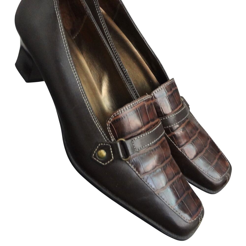 Vintage 90s Y2K Croc Embossed Brown Leather Heel Square Toe Pump Womens 7.5 Work